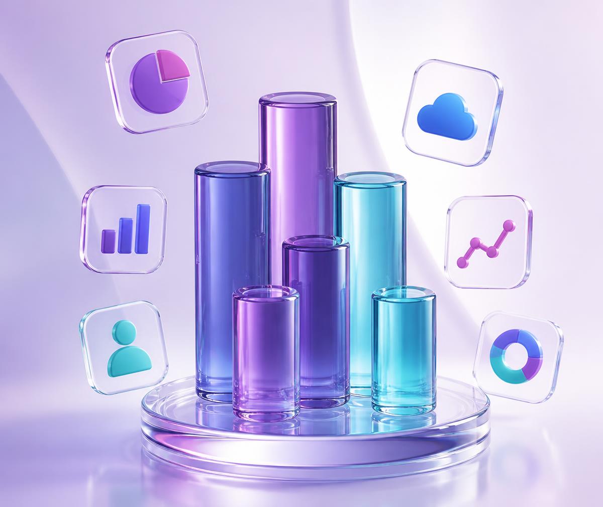 Glass 3D chart columns on a podium surrounded by floating app icons